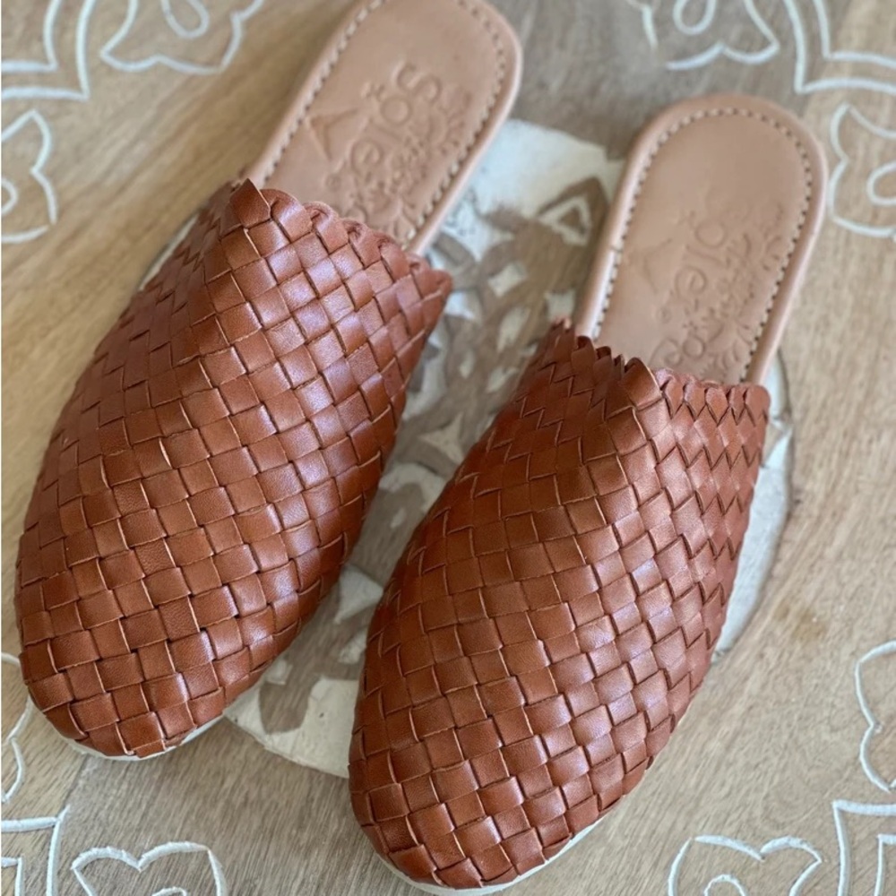 Solei Brown Woven Leather Slip-On Mules NWOT